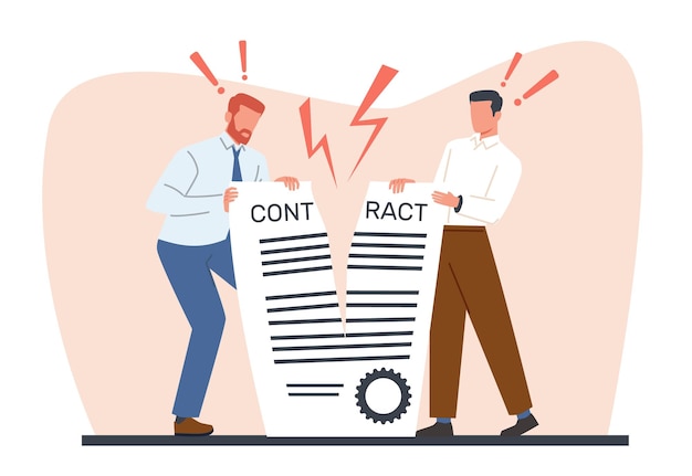 Dos hombres de negocios rompen el contrato el acuerdo de negocios a la mitad terminando la cooperación y las relaciones conflicto o malentendido hombres enojados rompen el documento concepto de vector aislado plano de dibujos animados