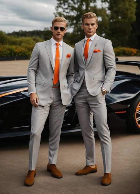 Foto dos hombres de negocios rubios con una franja de tenis y un traje gris claro de pie delante de un coche deportivo naranja