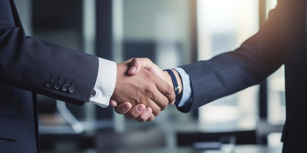 Dos hombres de negocios sonrientes estrechando la mano mientras están de pie en la oficina