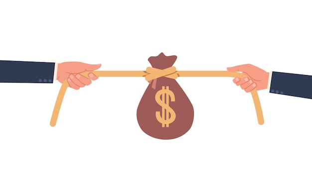 Dos hombres de negocios tirando de una cuerda con dinero en ellos concepto de rivalidad empleado competencia conflicto en el lugar de trabajo colegas batalla lucha de la compañía dibujos animados plano ilustración vectorial aislado