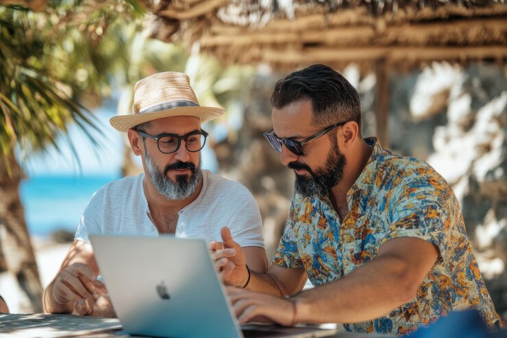 Dos hombres de negocios con trajes elegantes están revisando datos en una computadora portátil trabajando remotamente al aire libre en un lugar soleado de verano