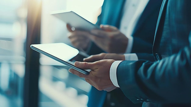 Dos hombres de negocios en trajes están usando tabletas en una oficina están de pie cerca el uno del otro y mirando las tabletas