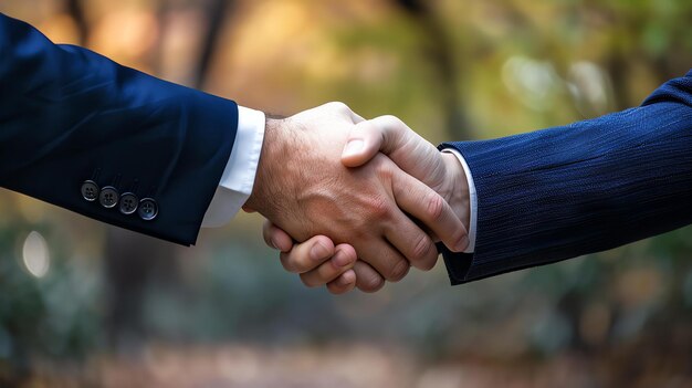 Dos hombres de negocios en trajes estrechando la mano al aire libre