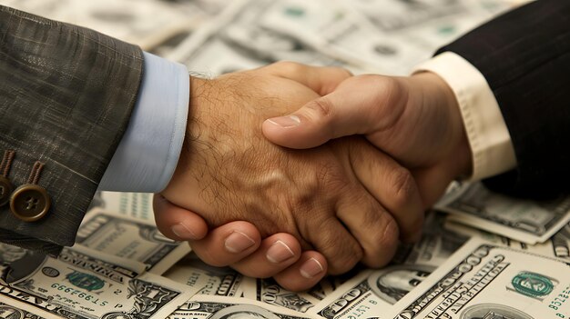 Dos hombres de negocios en trajes estrechando la mano sobre una mesa cubierta de dinero