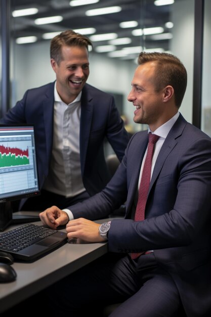 Foto dos hombres de negocios en trajes mirando una pantalla de computadora y sonriendo