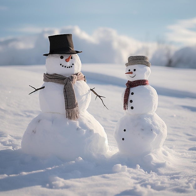 dos hombres de nieve de pie uno al lado del otro en la nieve