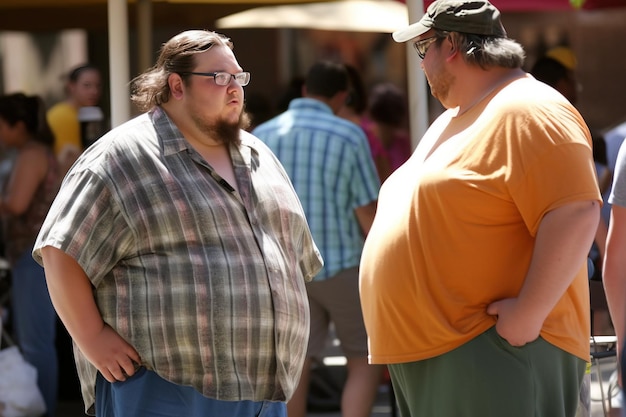 Foto dos hombres obesos con sobrepeso contra el fondo de comida comida en la calle en una tienda generada por ia