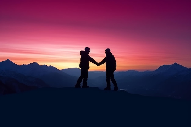 Dos hombres se paran en una montaña con la puesta de sol detrás de ellos.