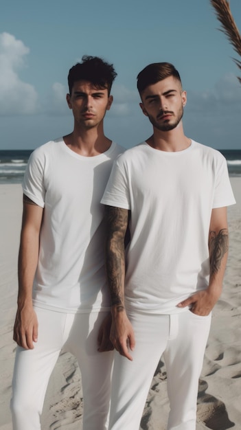 Dos hombres se paran en la playa con camisas blancas.