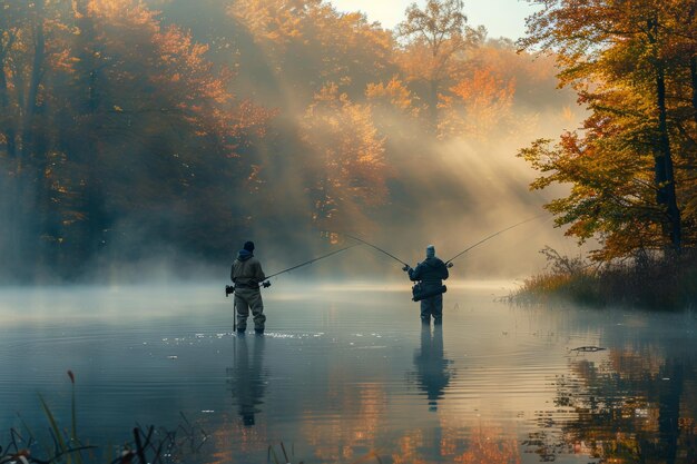 Foto dos hombres pescando en un lago rodeado de árboles