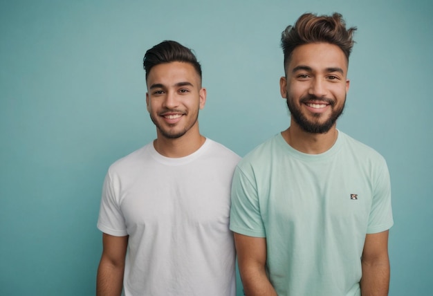 Dos hombres de pie uno al lado del otro sonriendo uno en una tee blanca y el otro en una tee de menta contra un azul