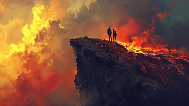 Dos hombres de pie en el borde de la roca volcánica