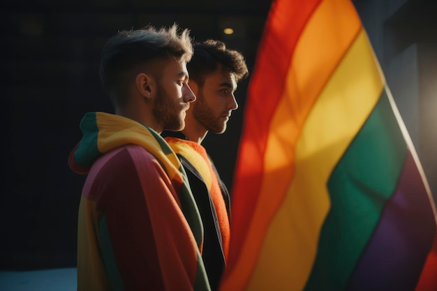 Foto dos hombres de pie frente a una bandera arco iris