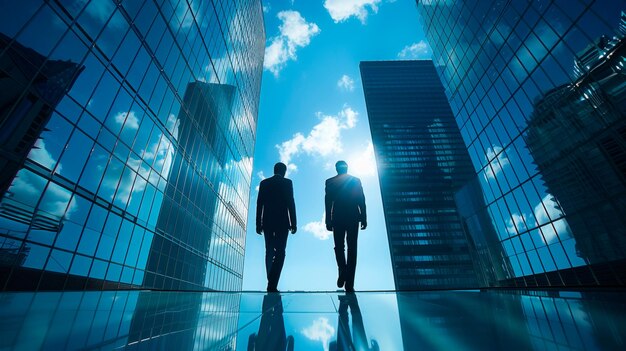 Dos hombres de pie frente a edificios altos IA generativa