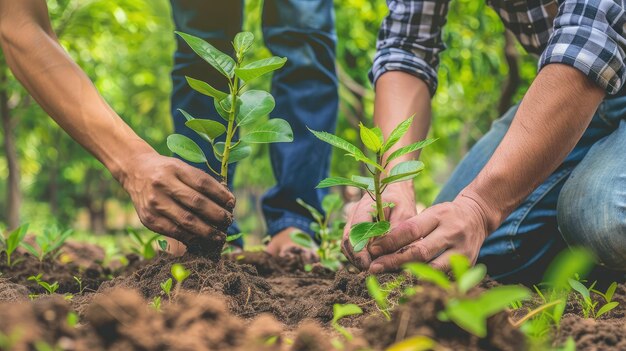 Dos hombres plantando un árbol concepto del día mundial del medio ambiente plantando bosque naturaleza y ecología Las manos de un joven están plantando árboles pequeños y árboles que crecen en el suelo mientras trabajan para salvar el mundo