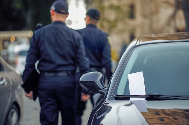 Dos hombres policías comprobando el aparcamiento