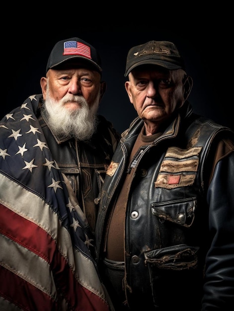 dos hombres posan para una foto con una bandera y un hombre con chaqueta de cuero.