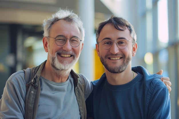 dos hombres posan para una foto con uno usando gafas y el otro tiene barba