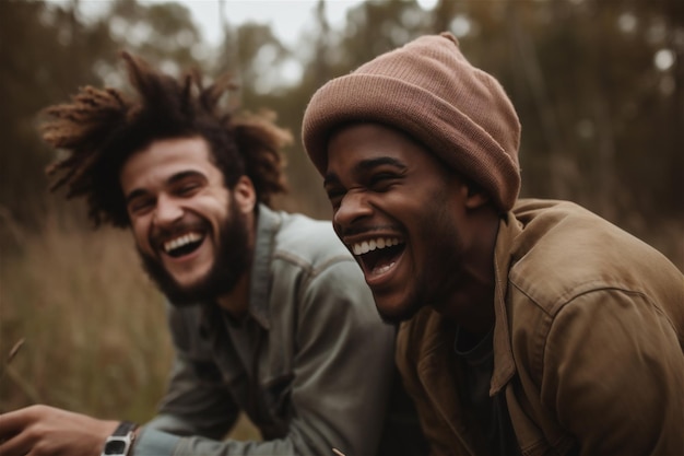 Dos hombres riendo y riendo en un campo.