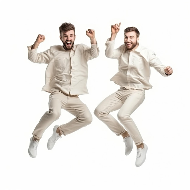 Dos hombres saltando en el aire, uno con camisa blanca y el otro con camisa blanca.