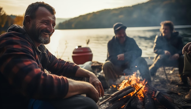 Foto dos hombres sentados junto a un fuego junto a un lago