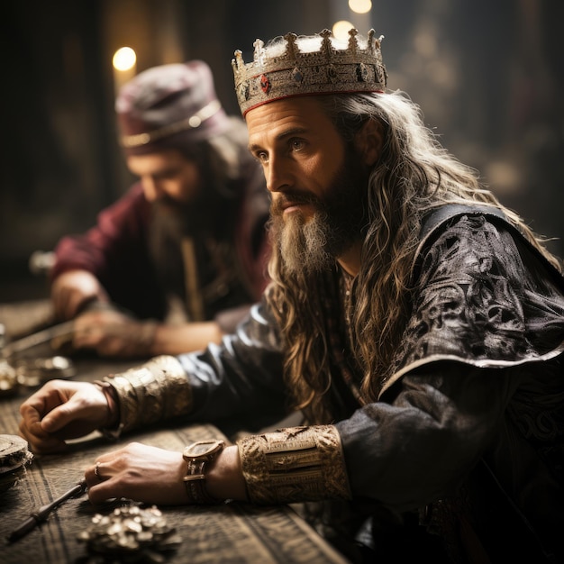 dos hombres sentados a una mesa con una corona y una corona en la cabeza.