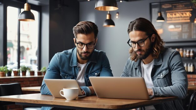 Foto dos hombres sentados en una mesa mirando una computadora portátil