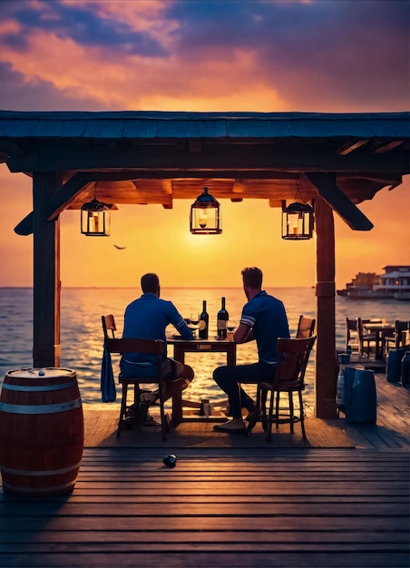 Foto dos hombres se sientan en una mesa con un barril rojo y un barrel rojo con una puesta de sol en el fondo