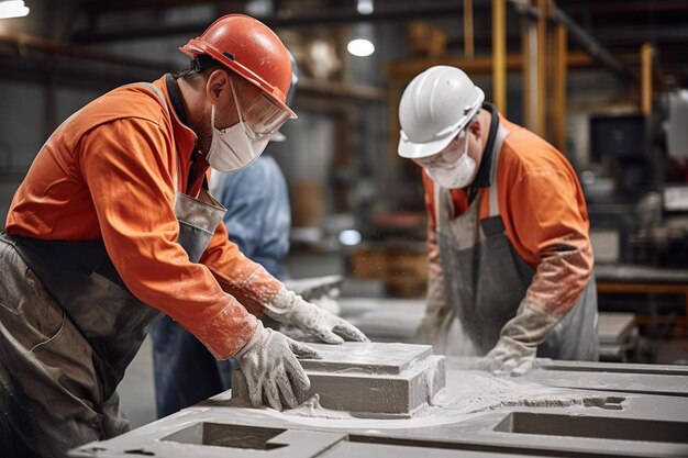 dos hombres con sombreros de color naranja están trabajando en un sitio de construcción