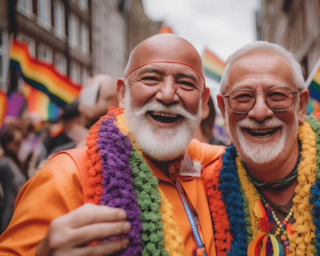 Dos hombres sonríen a la cámara en un desfile