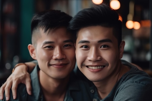 Dos hombres sonriendo y abrazándose en un bar.