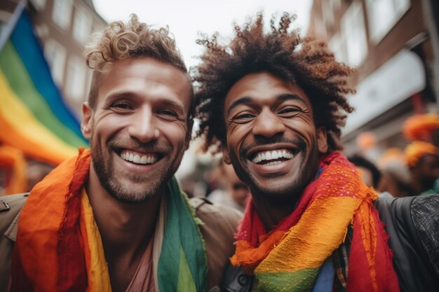 Dos hombres sonriendo y riendo en un desfile