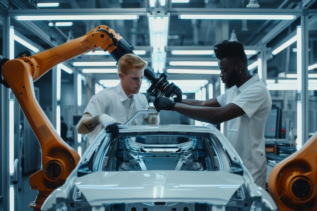 Foto dos hombres trabajando en un automóvil en una fábrica