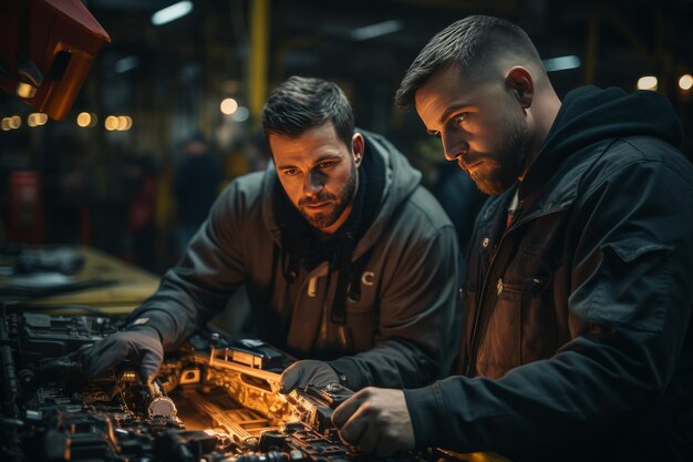 Dos hombres trabajando en un coche en el garaje