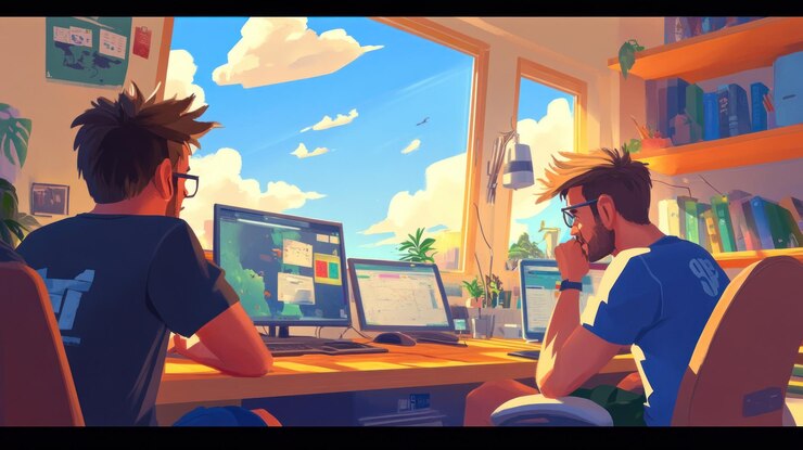 Foto dos hombres trabajando en computadoras en una habitación soleada con una vista