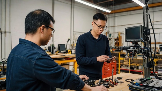 dos hombres trabajando en una fábrica con un robot en el fondo