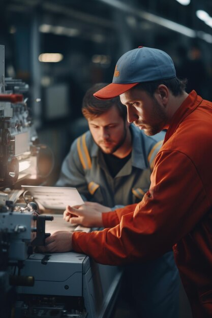 Foto dos hombres trabajando en una máquina en una fábrica adecuada para conceptos industriales o de fabricación