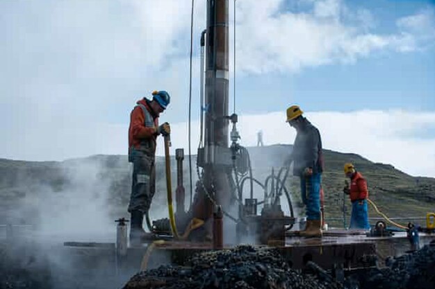 Foto dos hombres trabajando en una máquina de perforación generativa ai