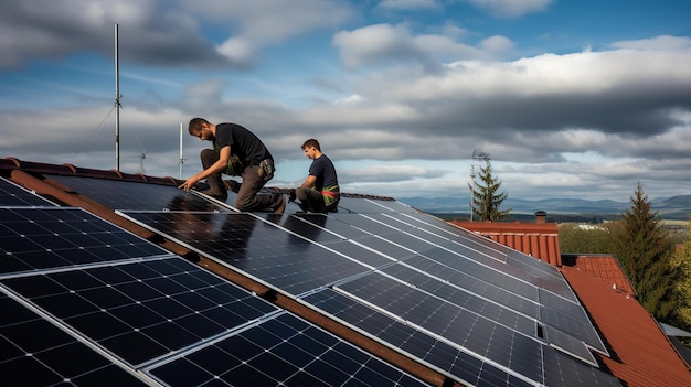 Dos hombres trabajando en un panel solar en un techo.