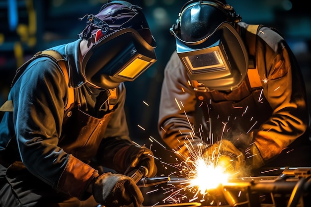 Dos hombres trabajando en una pieza de metal con chispas volando a su alrededor