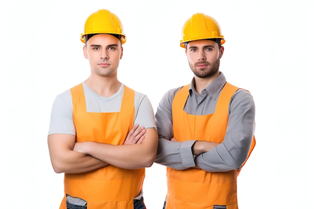 Dos hombres con traje amarillo y casco Foto