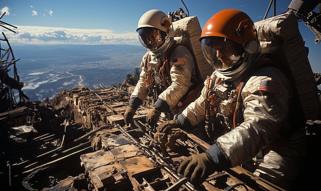 Foto dos hombres en trajes espaciales en una estructura de madera