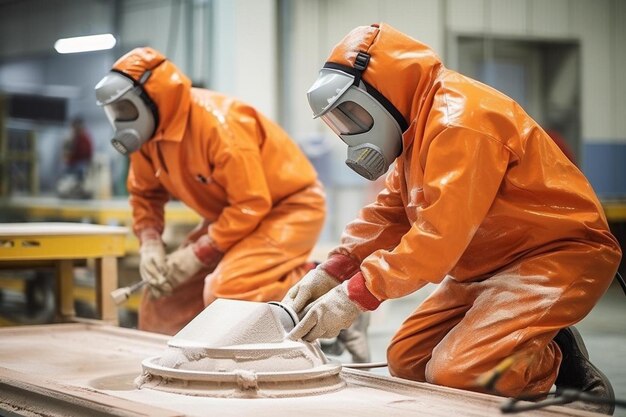 dos hombres con trajes naranjas están trabajando en una pieza de madera