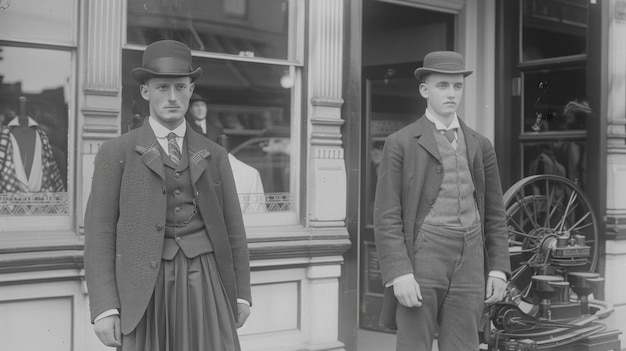 Foto dos hombres en trajes de pie fuera de una tienda a principios de la década de 1900