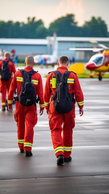 dos hombres en trajes rojos están caminando hacia un helicóptero