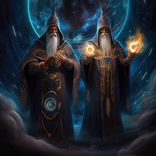 dos hombres con túnicas negras están de pie frente a un cielo estrellado