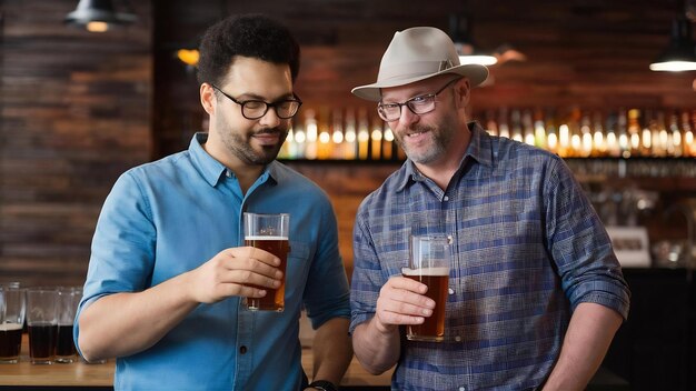 Foto dos hombres con vasos de cerveza y examinando la calidad