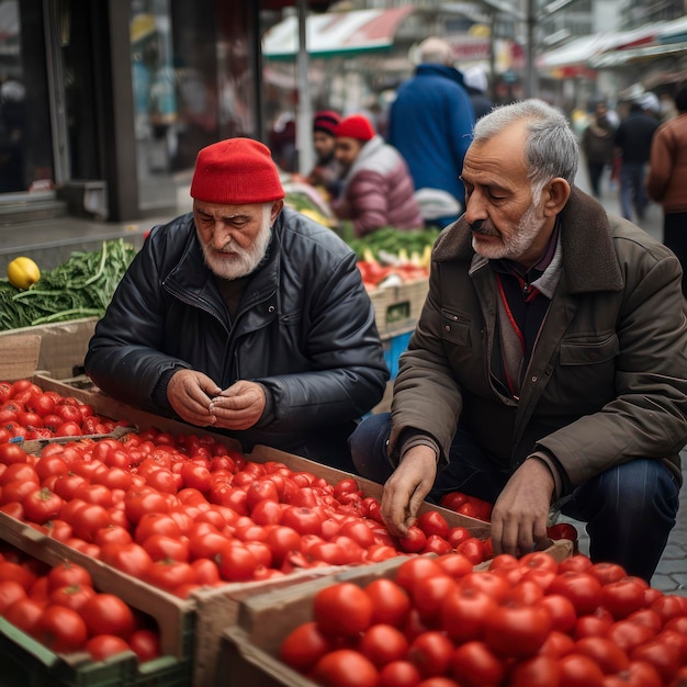 Dos hombres venden tomates en un mercado.