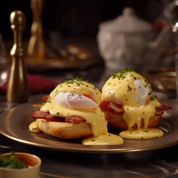 dos huevos benedictinos con huevo y salsa en un plato.