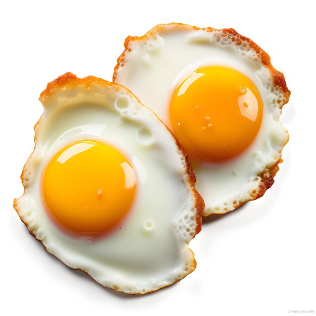 Foto dos huevos fritos aislados sobre un fondo blanco